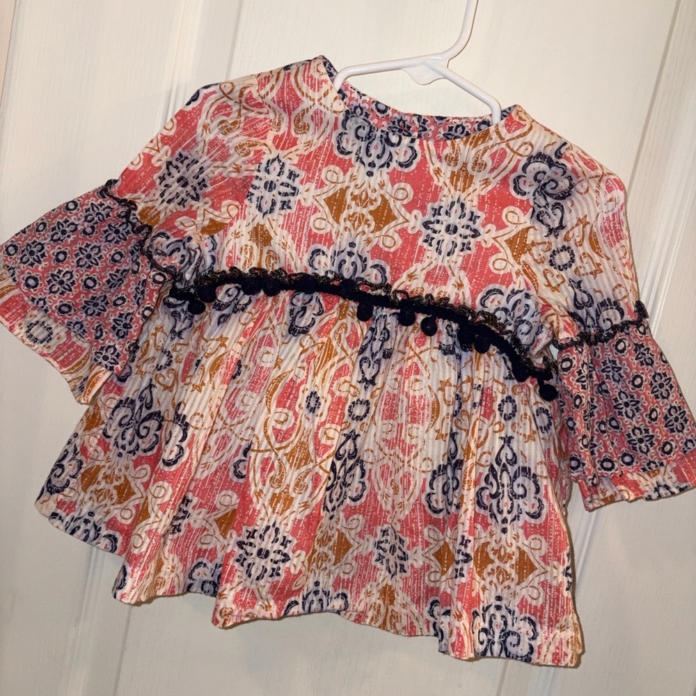 Pastourelle Pink Floral Medallion Bell Sleeve Top with Navy Trim